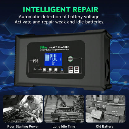 35 Amp Lithium Battery Charger,12V35A/24V18A,14.6V/29.2V Smart Lifepo4 Battery Charger Car Battery Charger Trickle Charger Maintainer/Deep Cycle Charger With Alligator Clip