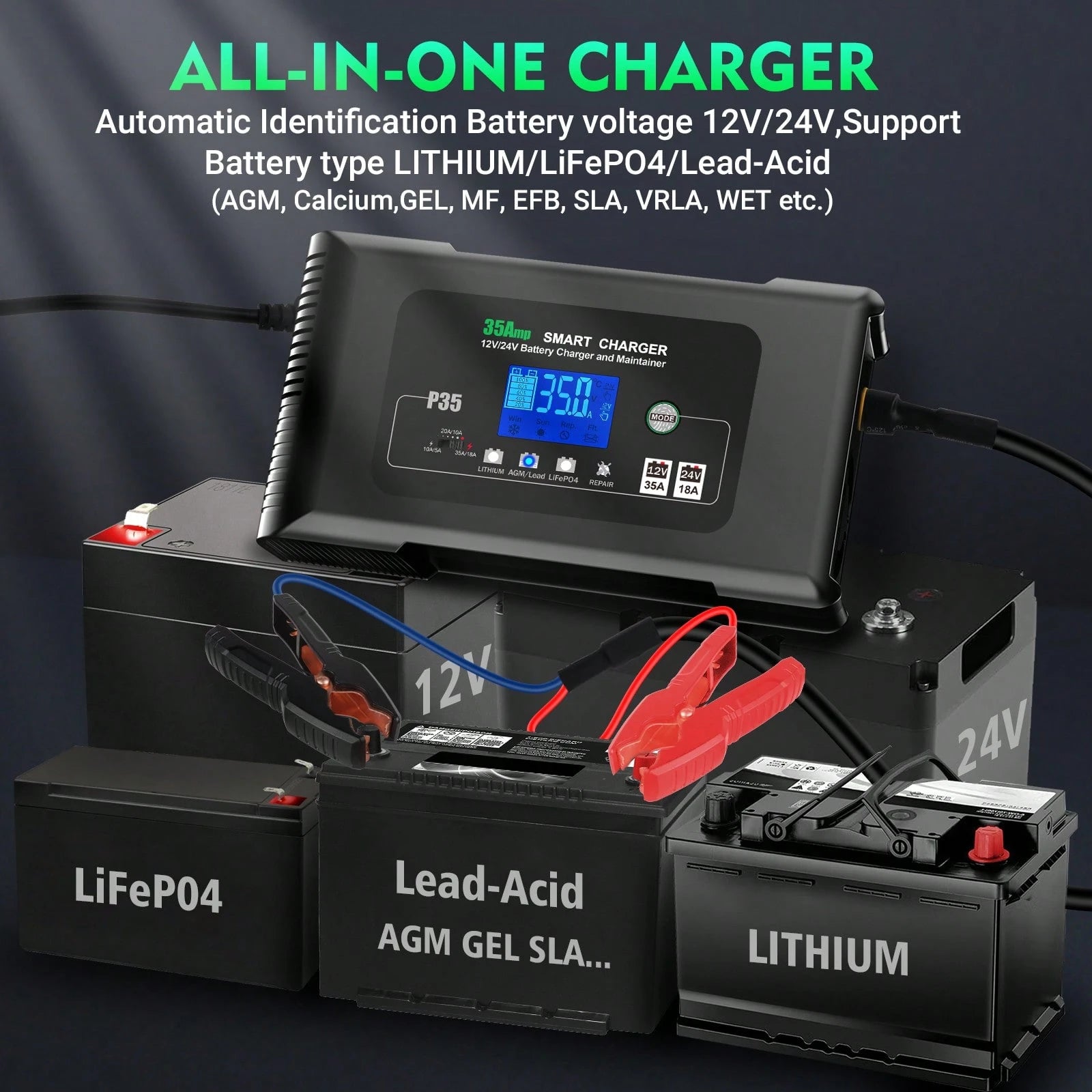 35 Amp Lithium Battery Charger,12V35A/24V18A,14.6V/29.2V Smart Lifepo4 Battery Charger Car Battery Charger Trickle Charger Maintainer/Deep Cycle Charger With Alligator Clip