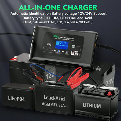 35 Amp Lithium Battery Charger,12V35A/24V18A,14.6V/29.2V Smart Lifepo4 Battery Charger Car Battery Charger Trickle Charger Maintainer/Deep Cycle Charger With Alligator Clip