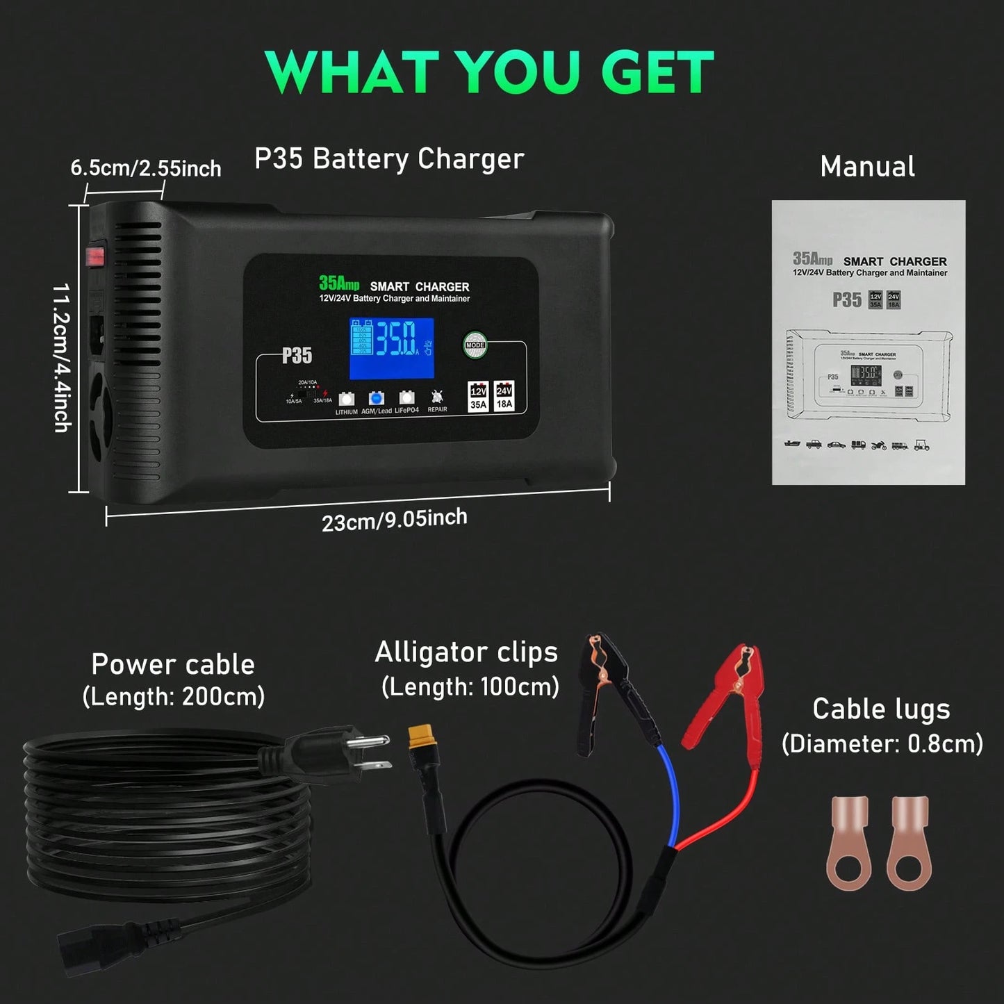35 Amp Lithium Battery Charger,12V35A/24V18A,14.6V/29.2V Smart Lifepo4 Battery Charger Car Battery Charger Trickle Charger Maintainer/Deep Cycle Charger With Alligator Clip