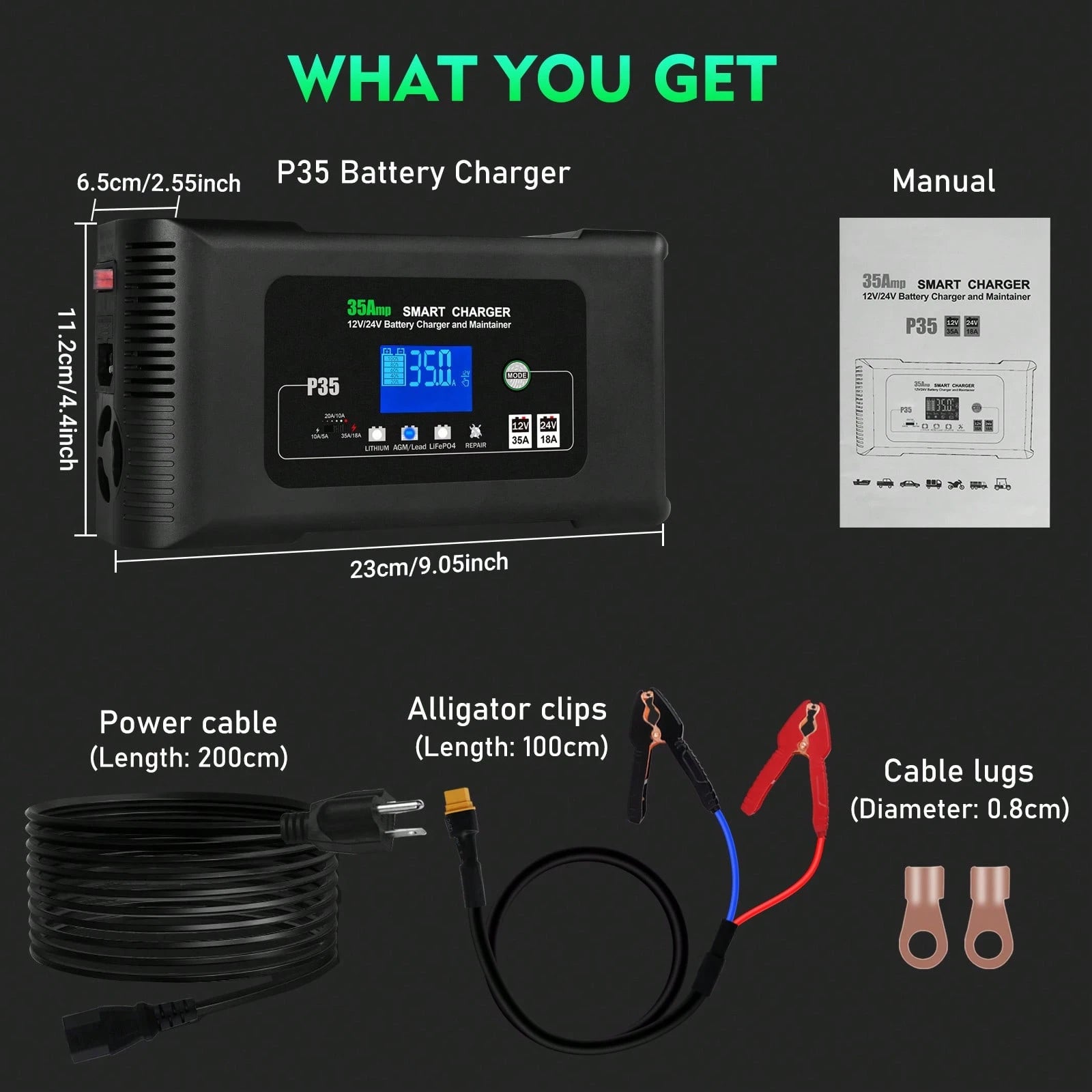 35 Amp Lithium Battery Charger,12V35A/24V18A,14.6V/29.2V Smart Lifepo4 Battery Charger Car Battery Charger Trickle Charger Maintainer/Deep Cycle Charger With Alligator Clip