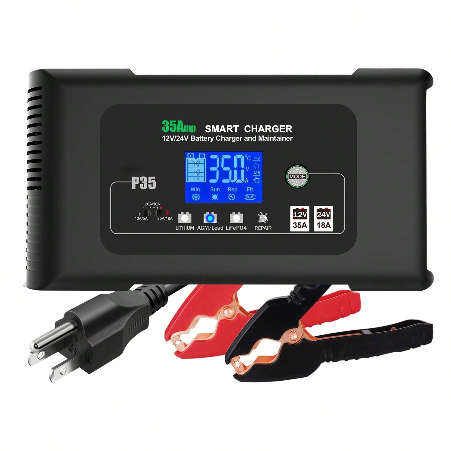 35 Amp Lithium Battery Charger,12V35A/24V18A,14.6V/29.2V Smart Lifepo4 Battery Charger Car Battery Charger Trickle Charger Maintainer/Deep Cycle Charger With Alligator Clip