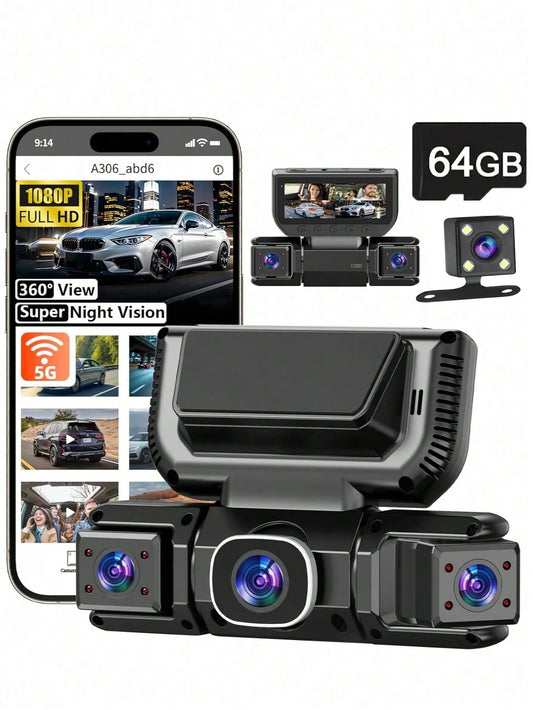 360° Panoramic 4-Channel Dash Cam With Front And Rear Dual Recording, Dual 1080P HD Lenses, 170° Wide Angle, 5GHz WiFi & App Control, Cyclic Recording, Night Vision, G-Sensor, Parking Monitoring, Incl