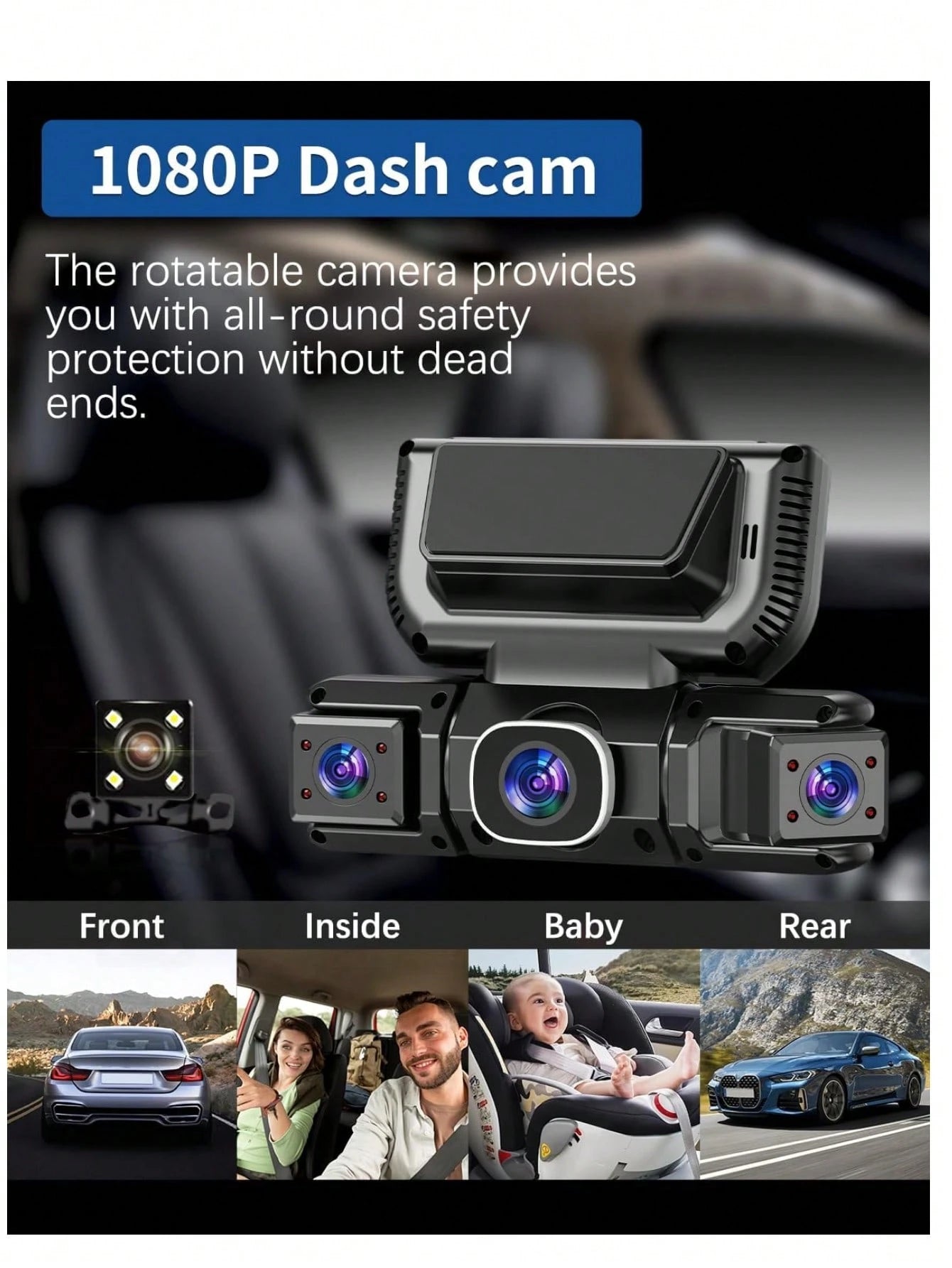 360° Panoramic 4-Channel Dash Cam With Front And Rear Dual Recording, Dual 1080P HD Lenses, 170° Wide Angle, 5GHz WiFi & App Control, Cyclic Recording, Night Vision, G-Sensor, Parking Monitoring, Incl