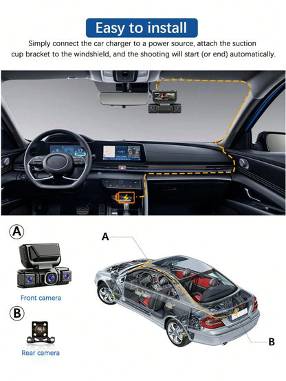 360° Panoramic 4-Channel Dash Cam With Front And Rear Dual Recording, Dual 1080P HD Lenses, 170° Wide Angle, 5GHz WiFi & App Control, Cyclic Recording, Night Vision, G-Sensor, Parking Monitoring, Incl