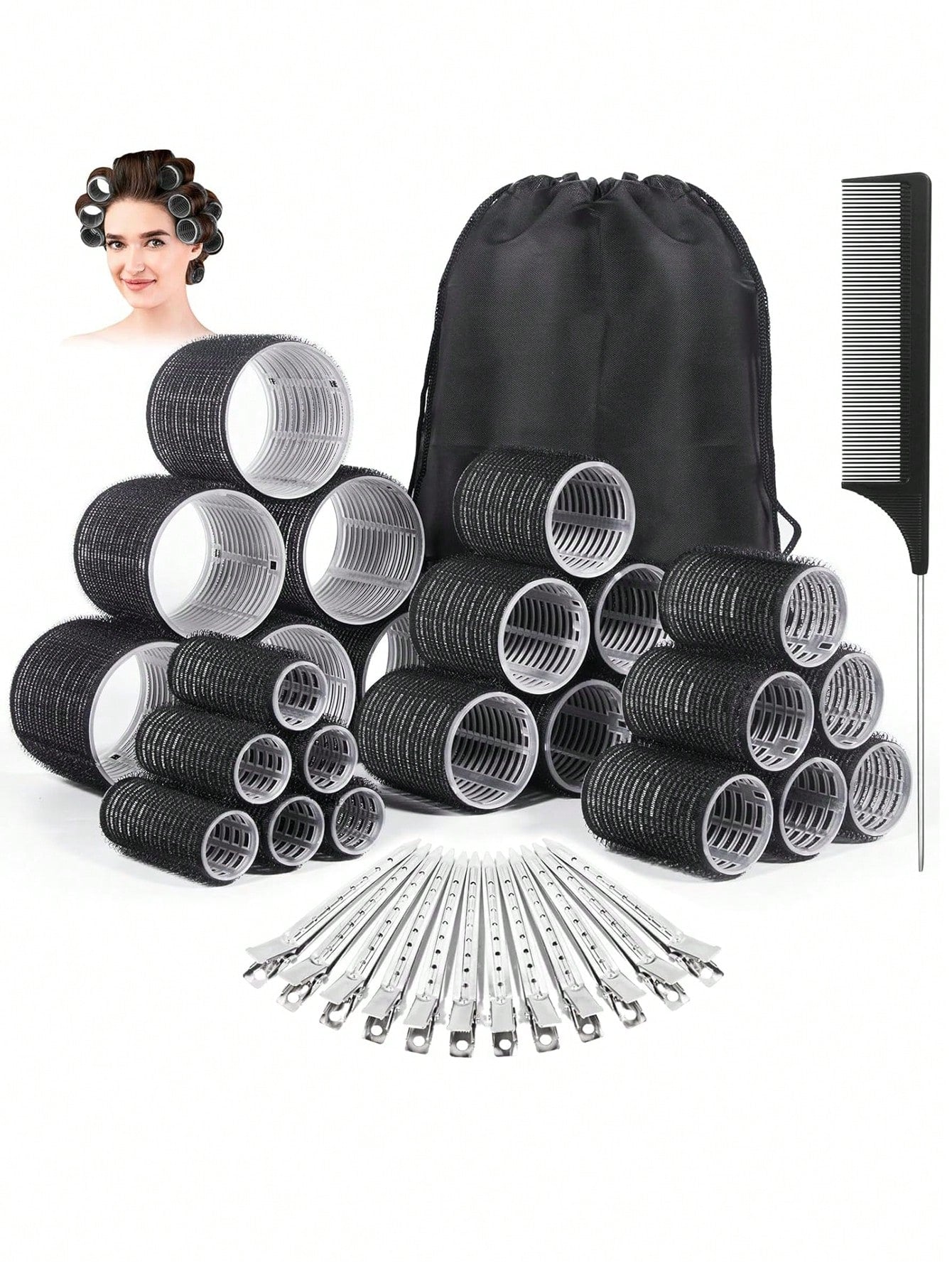 38PCS Hair Rollers Hair Curlers, Rollers, Curlers For Long Hair Thick, Jumbo Large Medium Small Rollers Set, 12 Stainless Steel Clips And Storage Bag