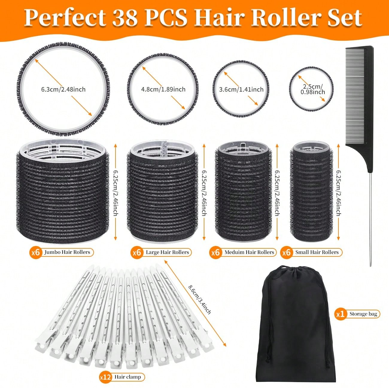 38PCS Hair Rollers Hair Curlers, Rollers, Curlers For Long Hair Thick, Jumbo Large Medium Small Rollers Set, 12 Stainless Steel Clips And Storage Bag