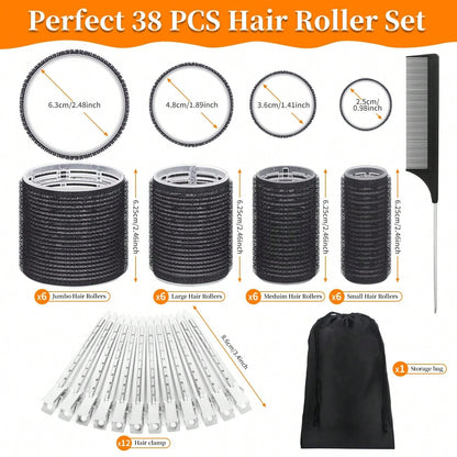 38PCS Hair Rollers Hair Curlers, Rollers, Curlers For Long Hair Thick, Jumbo Large Medium Small Rollers Set, 12 Stainless Steel Clips And Storage Bag