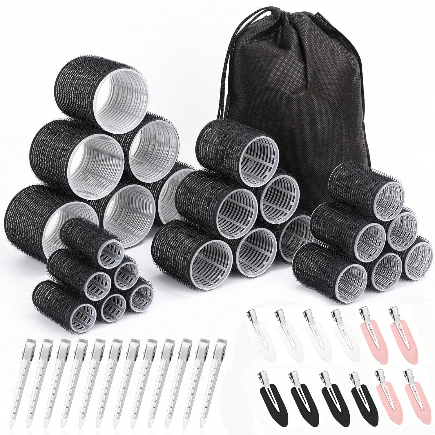 38PCS Hair Rollers Hair Curlers, Rollers, Curlers For Long Hair Thick, Jumbo Large Medium Small Rollers Set, 12 Stainless Steel Clips And Storage Bag