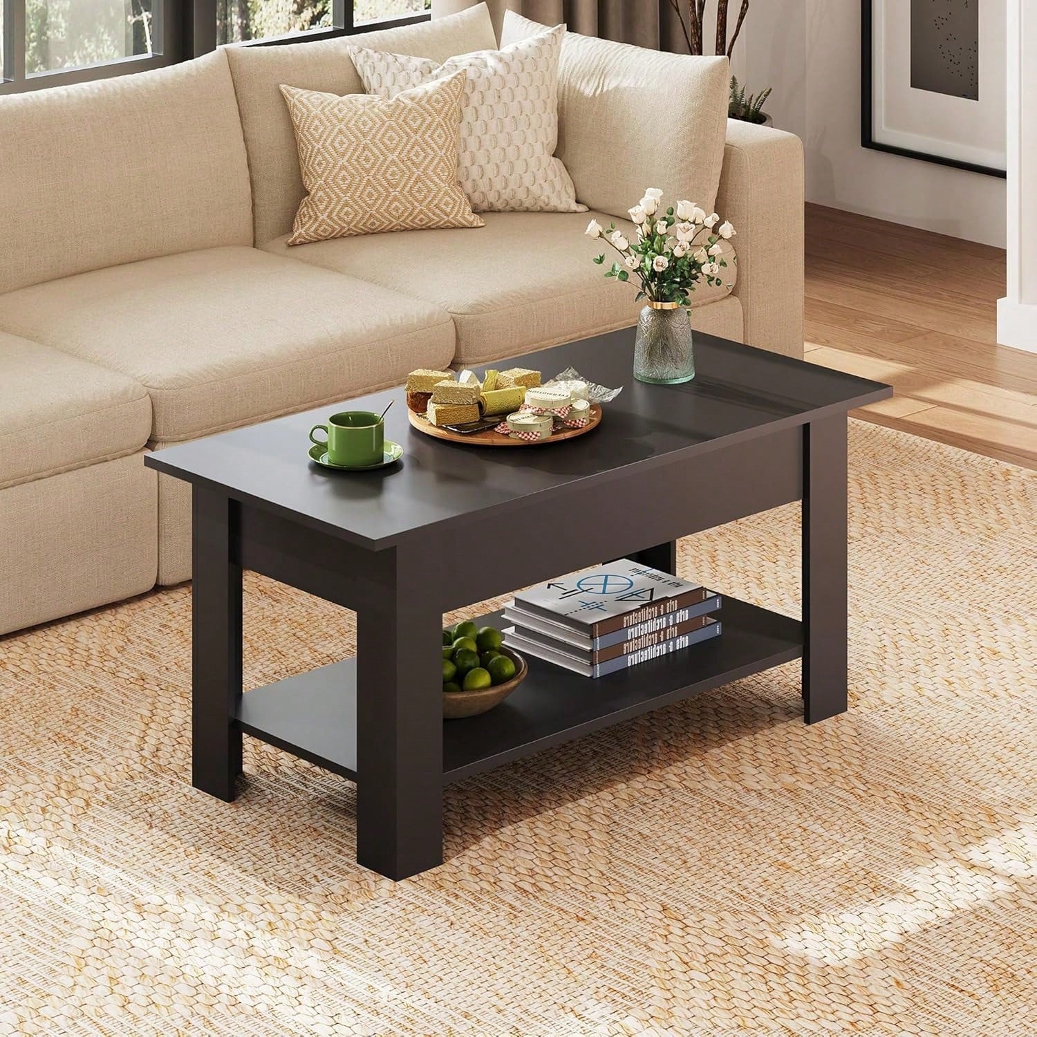 39 Inch Lift Top Coffee Table With Hidden Storage Compartment & Open Shelf, Rustic Wood Coffee Table With Storage For Living Room, Apartment & Home Office
