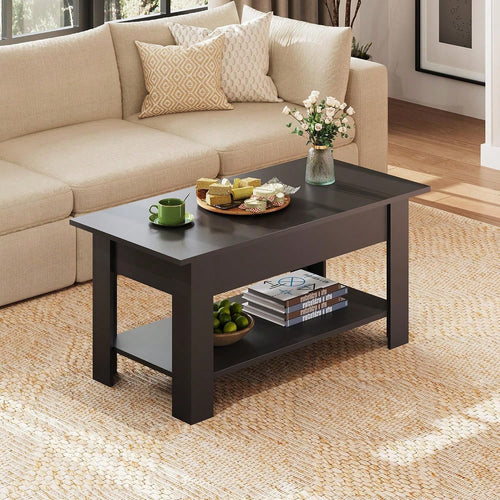39 Inch Lift Top Coffee Table With Hidden Storage Compartment & Open Shelf, Rustic Wood Coffee Table With Storage For Living Room, Apartment & Home Office