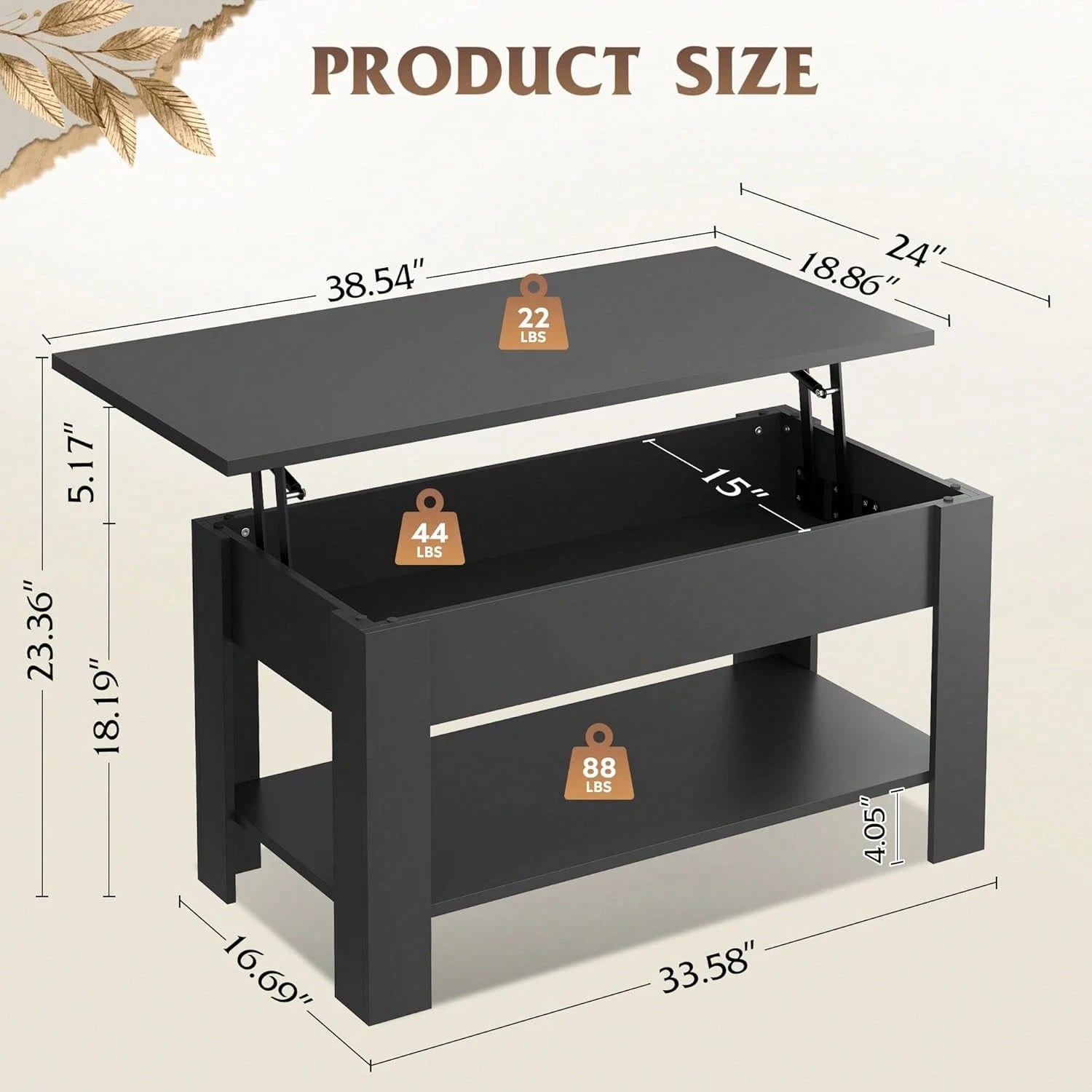 39 Inch Lift Top Coffee Table With Hidden Storage Compartment & Open Shelf, Rustic Wood Coffee Table With Storage For Living Room, Apartment & Home Office
