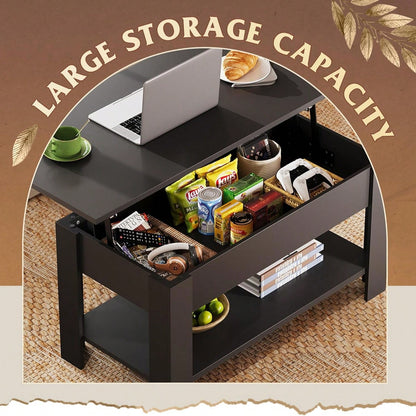 39 Inch Lift Top Coffee Table With Hidden Storage Compartment & Open Shelf, Rustic Wood Coffee Table With Storage For Living Room, Apartment & Home Office