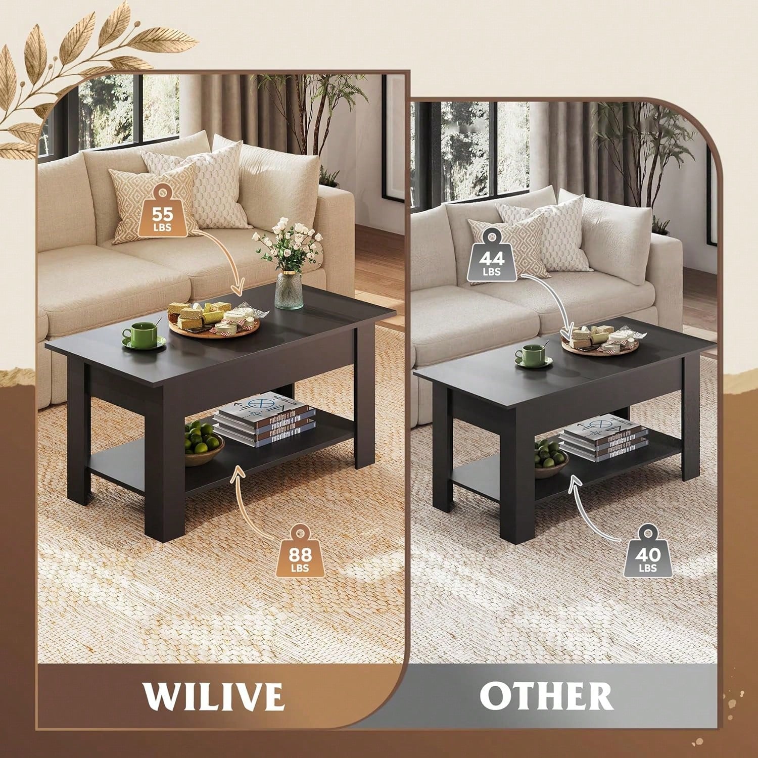39 Inch Lift Top Coffee Table With Hidden Storage Compartment & Open Shelf, Rustic Wood Coffee Table With Storage For Living Room, Apartment & Home Office