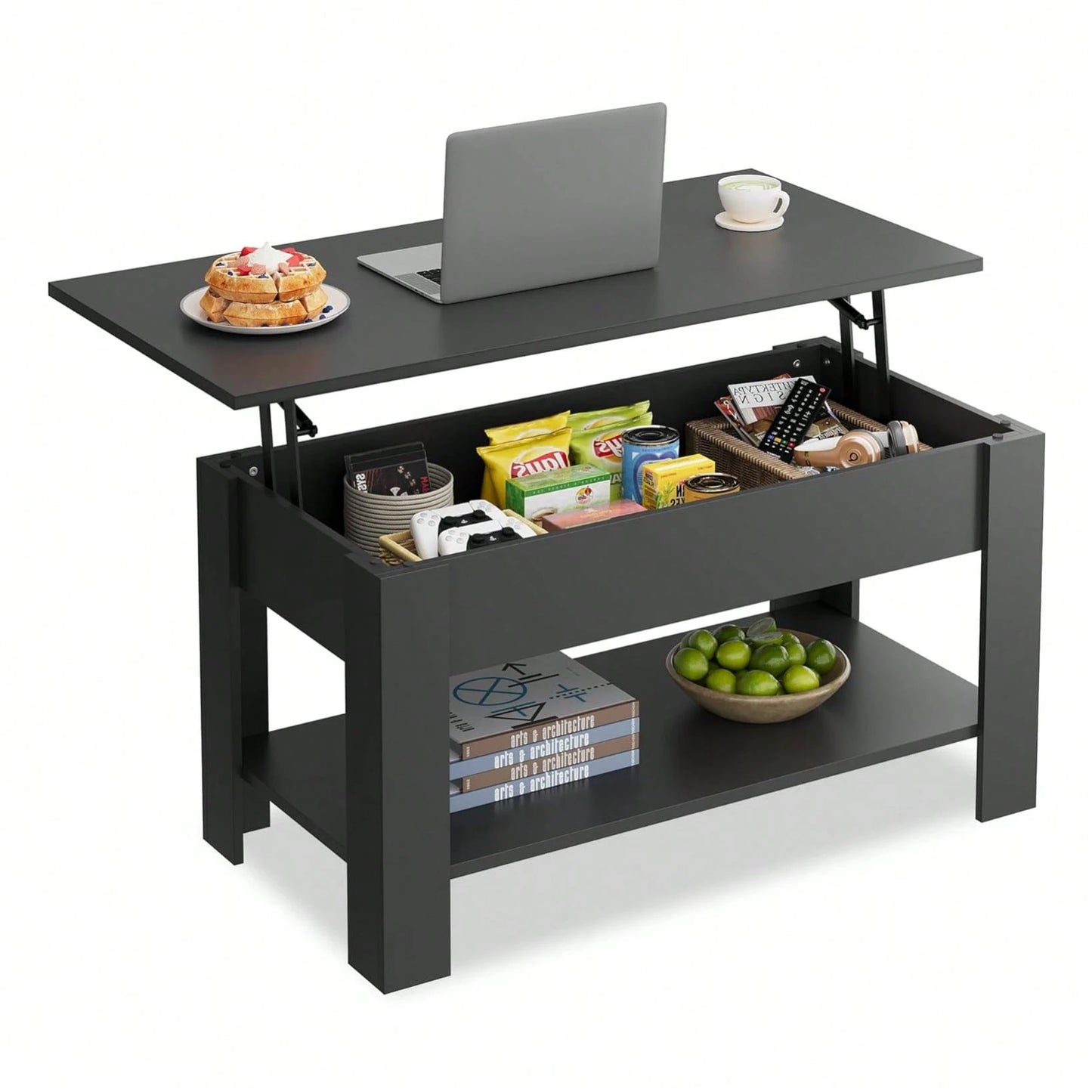 39 Inch Lift Top Coffee Table With Hidden Storage Compartment & Open Shelf, Rustic Wood Coffee Table With Storage For Living Room, Apartment & Home Office