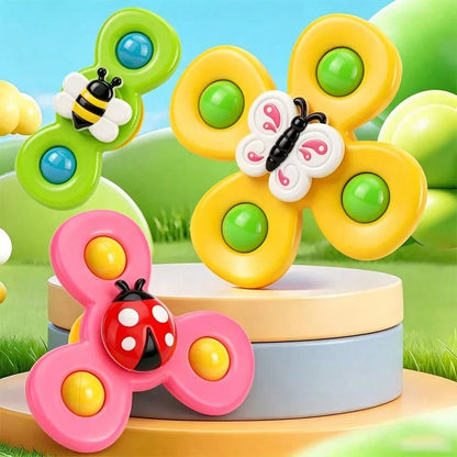 3pcs Baby Insect Shaped Bath Toys With Suction Cups, Cartoon Animal Rattle Rotating Sensory Toys, Made Of ABS, Designed As Rotating Windmill Shape, Can Be Attached To Bathtub Walls, Suitable For Toddl