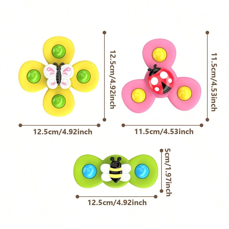 3pcs Baby Insect Shaped Bath Toys With Suction Cups, Cartoon Animal Rattle Rotating Sensory Toys, Made Of ABS, Designed As Rotating Windmill Shape, Can Be Attached To Bathtub Walls, Suitable For Toddl