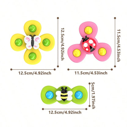 3pcs Baby Insect Shaped Bath Toys With Suction Cups, Cartoon Animal Rattle Rotating Sensory Toys, Made Of ABS, Designed As Rotating Windmill Shape, Can Be Attached To Bathtub Walls, Suitable For Toddl