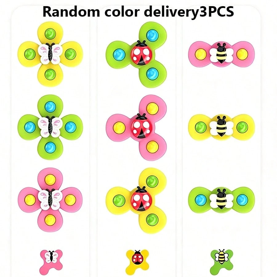 3pcs Baby Insect Shaped Bath Toys With Suction Cups, Cartoon Animal Rattle Rotating Sensory Toys, Made Of ABS, Designed As Rotating Windmill Shape, Can Be Attached To Bathtub Walls, Suitable For Toddl