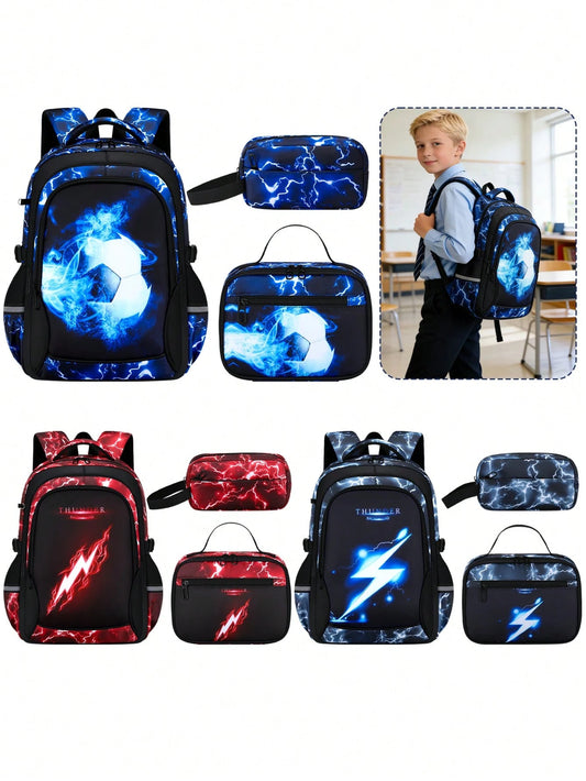 3PCS Boys' Backpack Lunch Box Bag Pencil Case Set, Lightning Soccer Kids' School Bag, Elementary & Middle School Backpack, Backpack For School, Lightweight High-Capacity Multi-Function Student Backpac