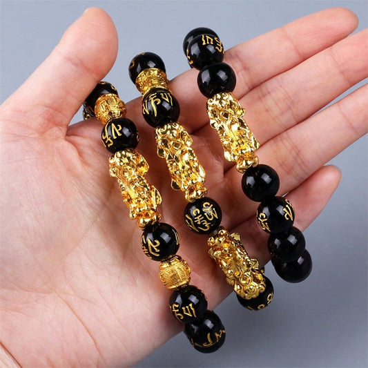 3pcs Feng Shui Lucky Wealth Attraction Bracelets- Natural Stone & Obsidian Beads With Golden Accents Unisex Jewelry For Men & Women