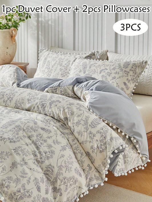 3pcs Floral & Plant Pattern Digital Print Duvet Cover Set, With Pom Pom Tassel, Modern Farmhouse Style Bedding Set, Queen Size, Soft & Breathable, Machine Washable (1 Duvet Cover + 2 Pillow Shams)