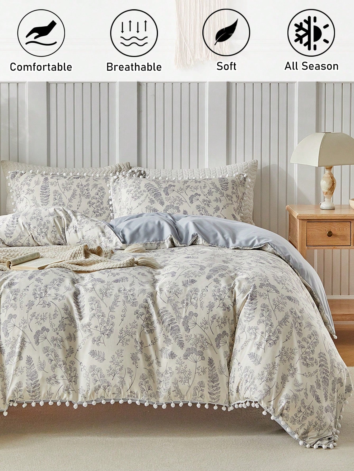 3pcs Floral & Plant Pattern Digital Print Duvet Cover Set, With Pom Pom Tassel, Modern Farmhouse Style Bedding Set, Queen Size, Soft & Breathable, Machine Washable (1 Duvet Cover + 2 Pillow Shams)