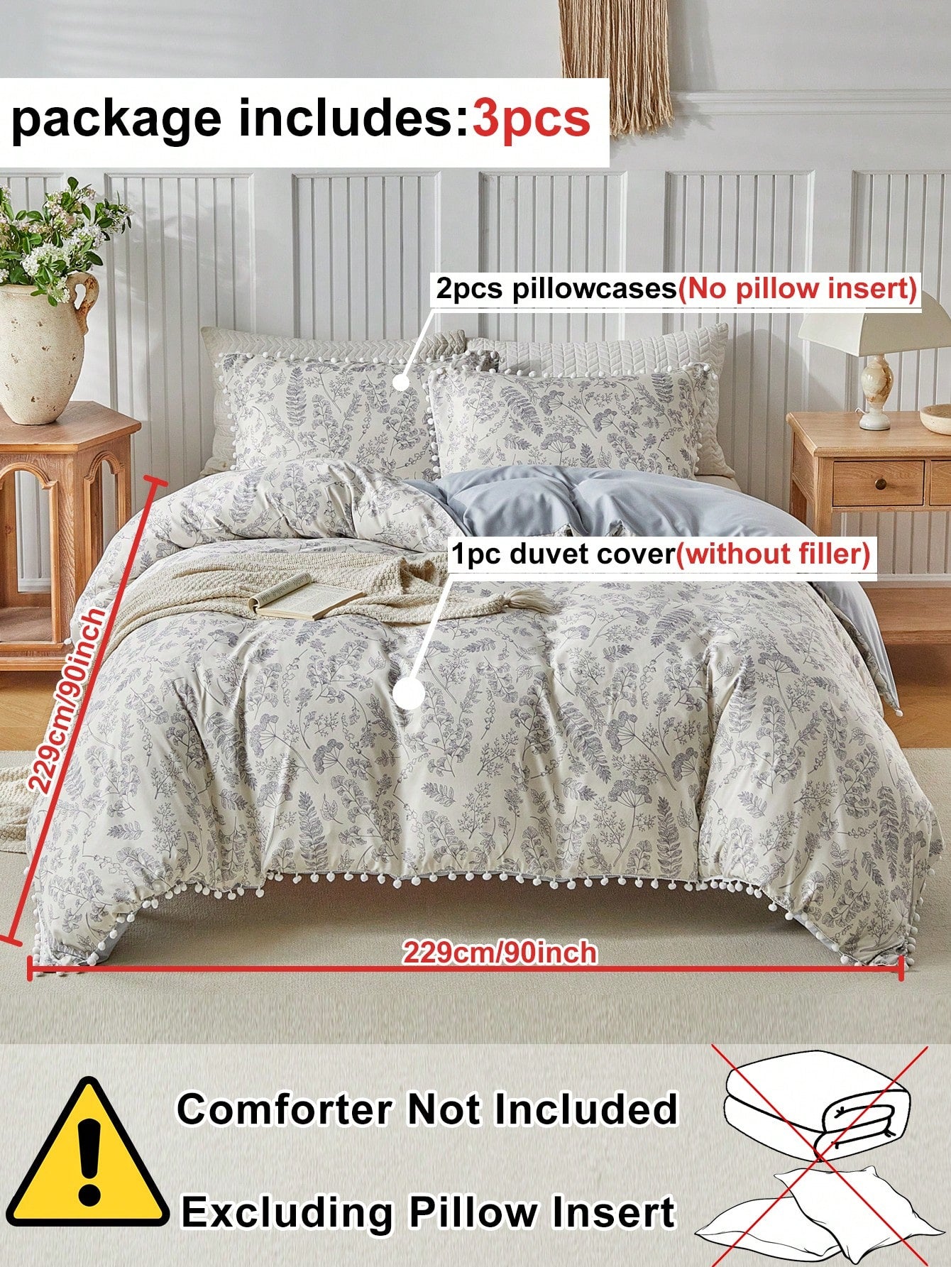 3pcs Floral & Plant Pattern Digital Print Duvet Cover Set, With Pom Pom Tassel, Modern Farmhouse Style Bedding Set, Queen Size, Soft & Breathable, Machine Washable (1 Duvet Cover + 2 Pillow Shams)