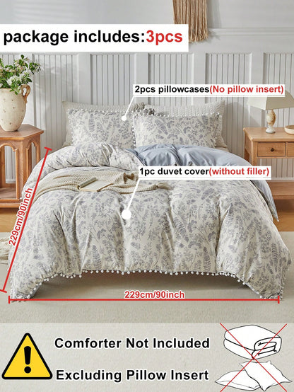 3pcs Floral & Plant Pattern Digital Print Duvet Cover Set, With Pom Pom Tassel, Modern Farmhouse Style Bedding Set, Queen Size, Soft & Breathable, Machine Washable (1 Duvet Cover + 2 Pillow Shams)