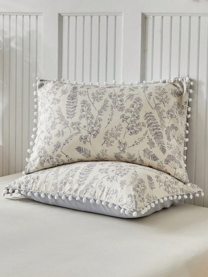 3pcs Floral & Plant Pattern Digital Print Duvet Cover Set, With Pom Pom Tassel, Modern Farmhouse Style Bedding Set, Queen Size, Soft & Breathable, Machine Washable (1 Duvet Cover + 2 Pillow Shams)