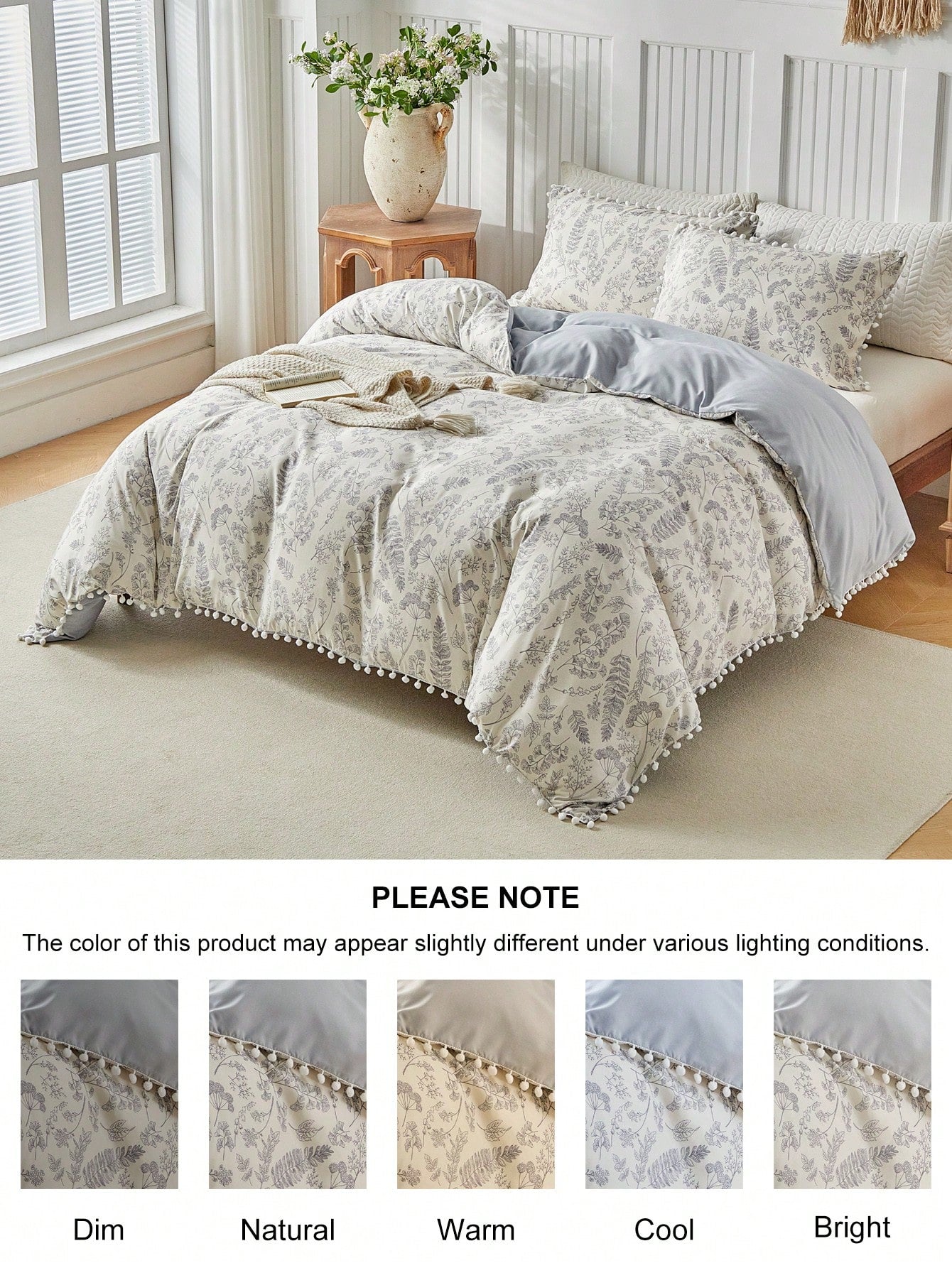 3pcs Floral & Plant Pattern Digital Print Duvet Cover Set, With Pom Pom Tassel, Modern Farmhouse Style Bedding Set, Queen Size, Soft & Breathable, Machine Washable (1 Duvet Cover + 2 Pillow Shams)