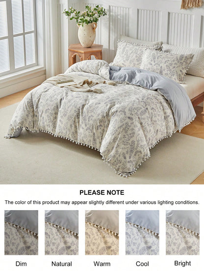 3pcs Floral & Plant Pattern Digital Print Duvet Cover Set, With Pom Pom Tassel, Modern Farmhouse Style Bedding Set, Queen Size, Soft & Breathable, Machine Washable (1 Duvet Cover + 2 Pillow Shams)