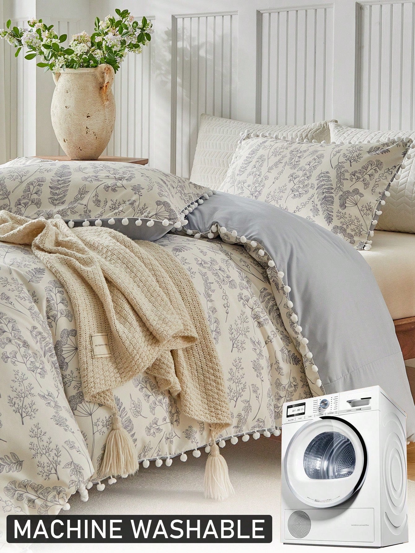 3pcs Floral & Plant Pattern Digital Print Duvet Cover Set, With Pom Pom Tassel, Modern Farmhouse Style Bedding Set, Queen Size, Soft & Breathable, Machine Washable (1 Duvet Cover + 2 Pillow Shams)