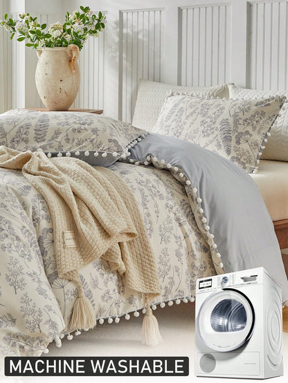 3pcs Floral & Plant Pattern Digital Print Duvet Cover Set, With Pom Pom Tassel, Modern Farmhouse Style Bedding Set, Queen Size, Soft & Breathable, Machine Washable (1 Duvet Cover + 2 Pillow Shams)
