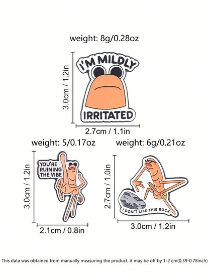 3Pcs Funny Meme Shrimp Enamel Pin Set Mildly Irritated Ruin Vibe Don't Like Rock Lapel Brooch Gift