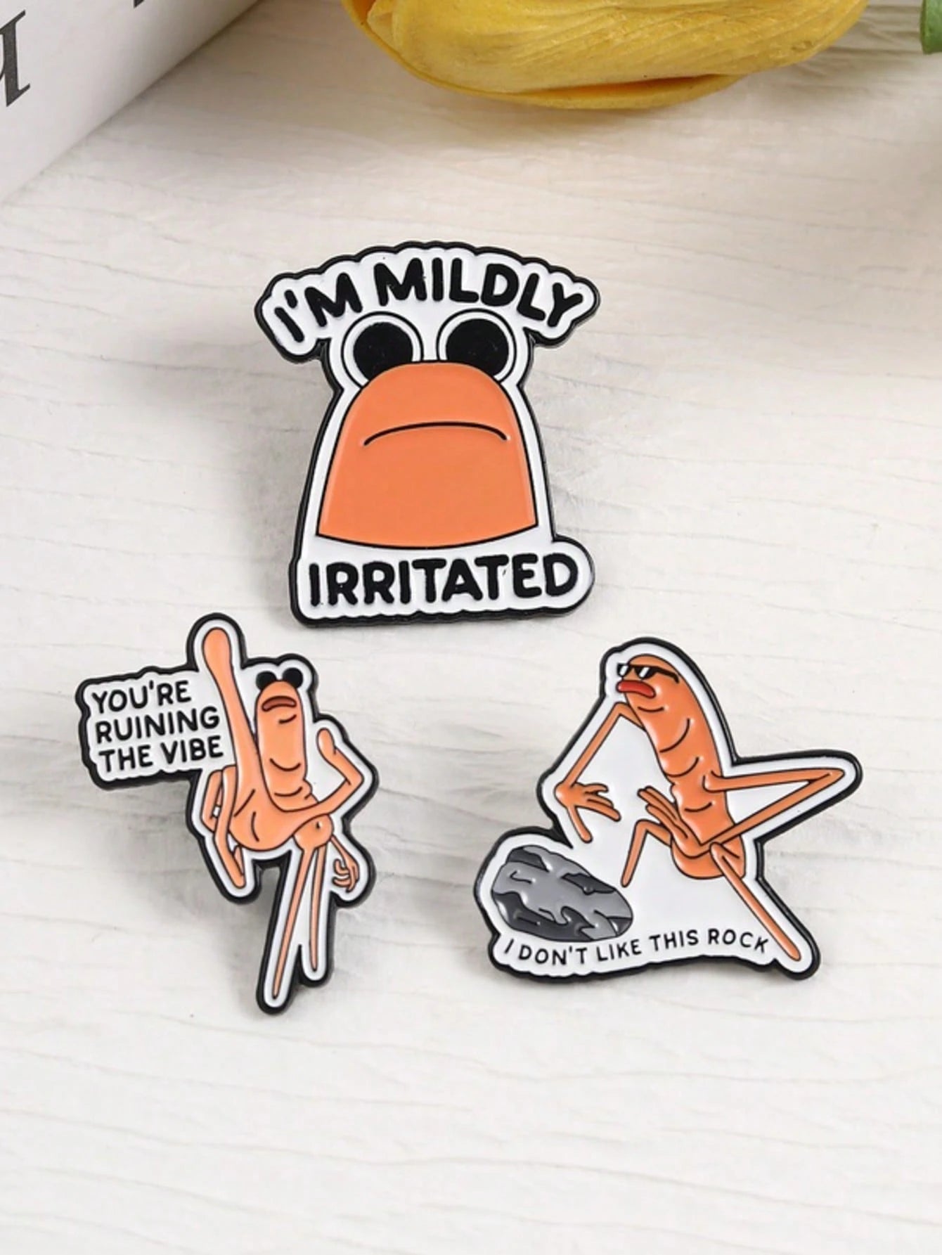 3Pcs Funny Meme Shrimp Enamel Pin Set Mildly Irritated Ruin Vibe Don't Like Rock Lapel Brooch Gift
