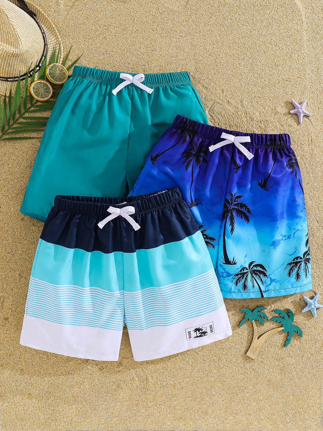3pcs Kids/Tween Boys' Casual Loose Woven Swim Trunks,Teal,Summer,Graphic,Pool Party,Vacation,Holiday,Comfortable Beach Shorts For Sports & School