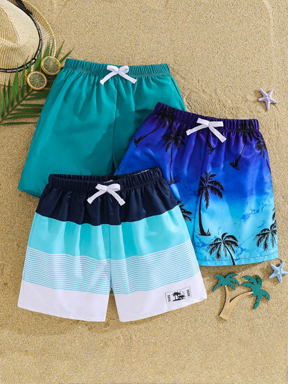 3pcs Kids/Tween Boys' Casual Loose Woven Swim Trunks,Teal,Summer,Graphic,Pool Party,Vacation,Holiday,Comfortable Beach Shorts For Sports & School