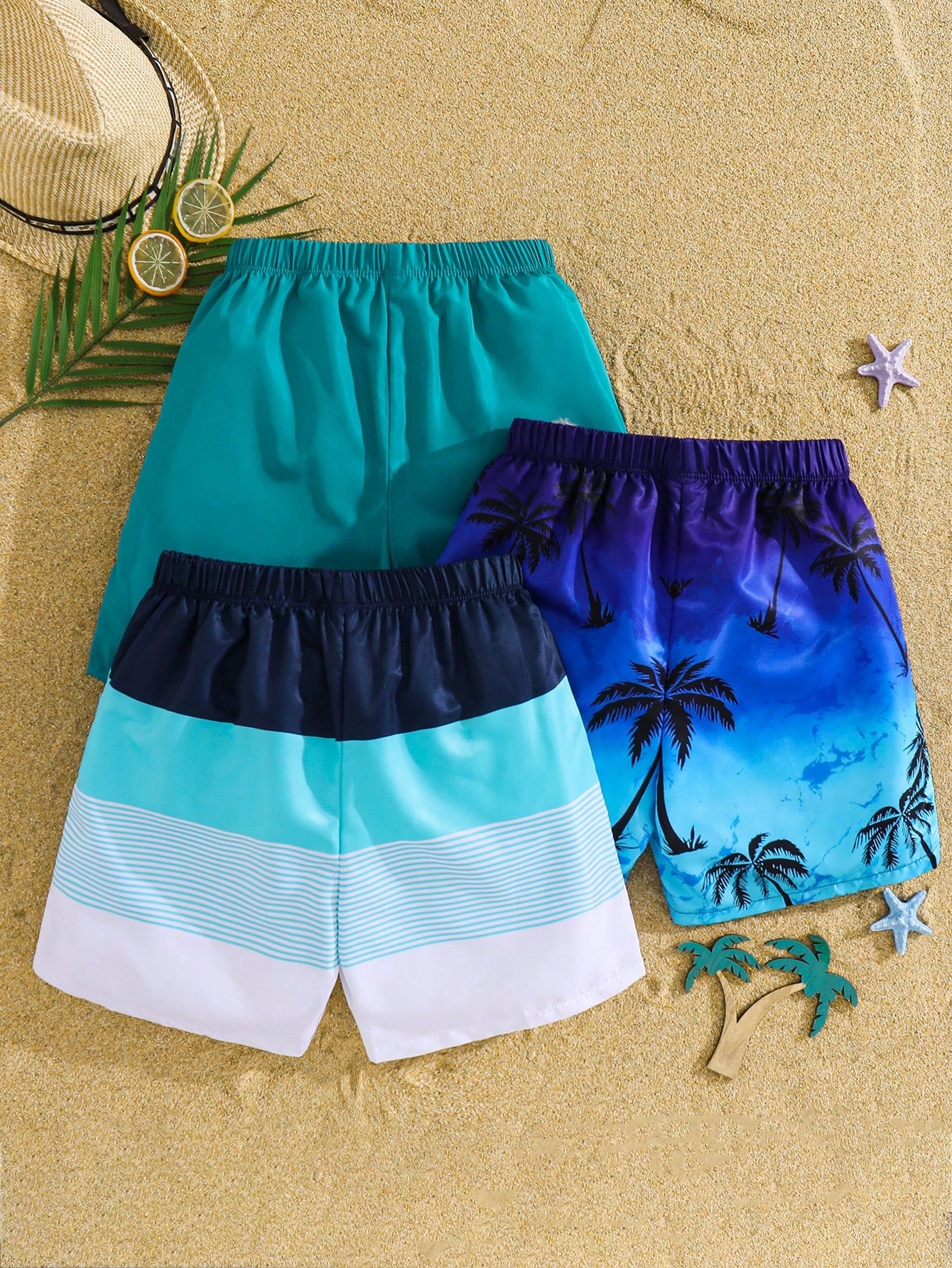 3pcs Kids/Tween Boys' Casual Loose Woven Swim Trunks,Teal,Summer,Graphic,Pool Party,Vacation,Holiday,Comfortable Beach Shorts For Sports & School