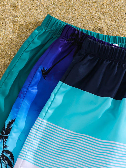 3pcs Kids/Tween Boys' Casual Loose Woven Swim Trunks,Teal,Summer,Graphic,Pool Party,Vacation,Holiday,Comfortable Beach Shorts For Sports & School