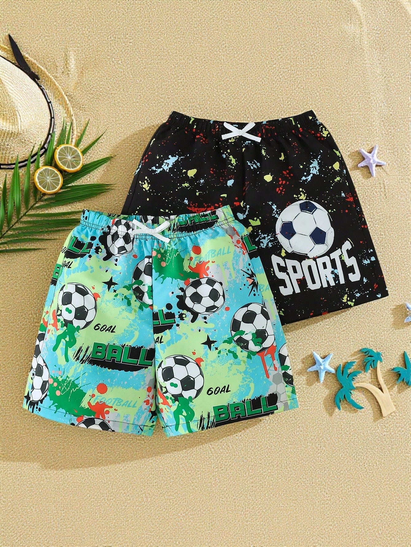 3pcs Kids/Tween Boys' Casual Loose Woven Swim Trunks,Teal,Summer,Graphic,Pool Party,Vacation,Holiday,Comfortable Beach Shorts For Sports & School