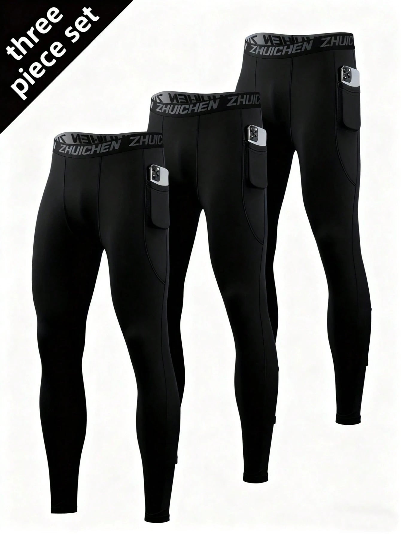 3pcs Men's Compression Tight Fit Sports Pants, With Pockets, Running Training Fitness Leggings, High Elasticity Lightweight Quick-Dry Comfortable Cycling Wear