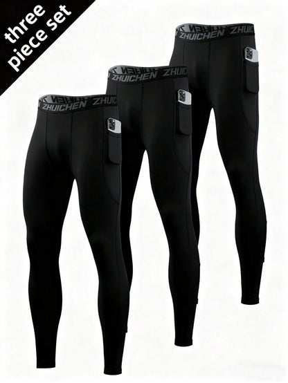 3pcs Men's Compression Tight Fit Sports Pants, With Pockets, Running Training Fitness Leggings, High Elasticity Lightweight Quick-Dry Comfortable Cycling Wear