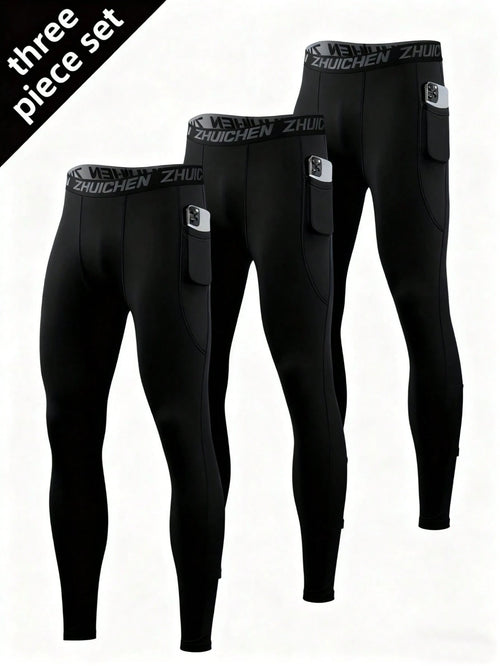 3pcs Men's Compression Tight Fit Sports Pants, With Pockets, Running Training Fitness Leggings, High Elasticity Lightweight Quick-Dry Comfortable Cycling Wear