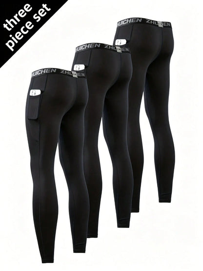 3pcs Men's Compression Tight Fit Sports Pants, With Pockets, Running Training Fitness Leggings, High Elasticity Lightweight Quick-Dry Comfortable Cycling Wear