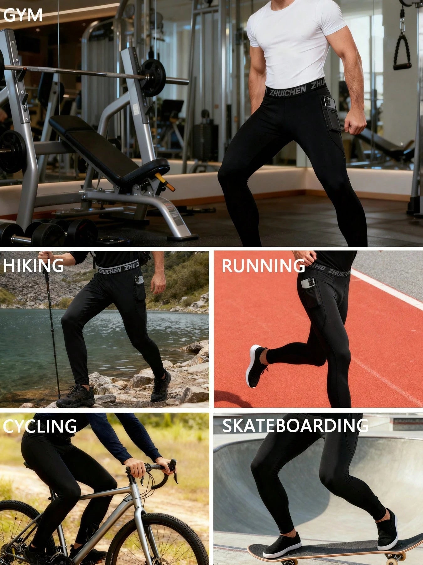 3pcs Men's Compression Tight Fit Sports Pants, With Pockets, Running Training Fitness Leggings, High Elasticity Lightweight Quick-Dry Comfortable Cycling Wear