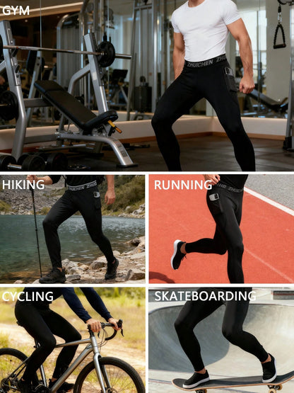 3pcs Men's Compression Tight Fit Sports Pants, With Pockets, Running Training Fitness Leggings, High Elasticity Lightweight Quick-Dry Comfortable Cycling Wear