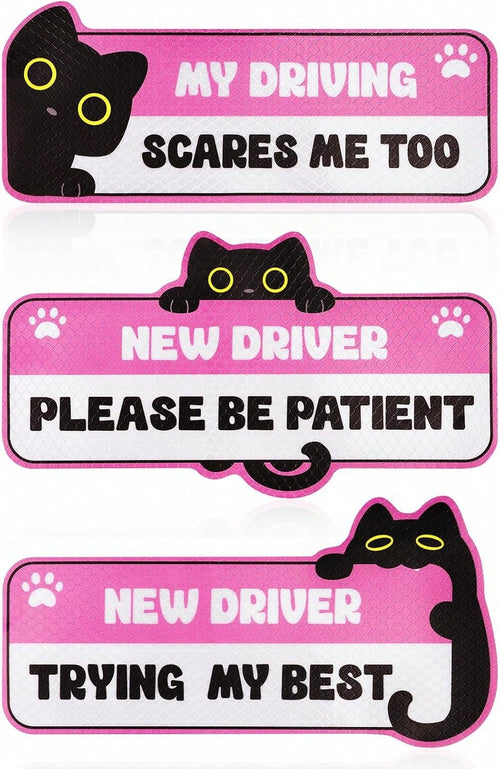 3Pcs New Driver Magnet For Car, Cute Black Cat Student Driver Magnet Sticker For Car, Please Be Patient Keep Distance Safety Reflective Sign Reusable Movable Bumper Stickers &Amp; New Driver Gifts