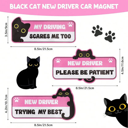 3Pcs New Driver Magnet For Car, Cute Black Cat Student Driver Magnet Sticker For Car, Please Be Patient Keep Distance Safety Reflective Sign Reusable Movable Bumper Stickers &Amp; New Driver Gifts