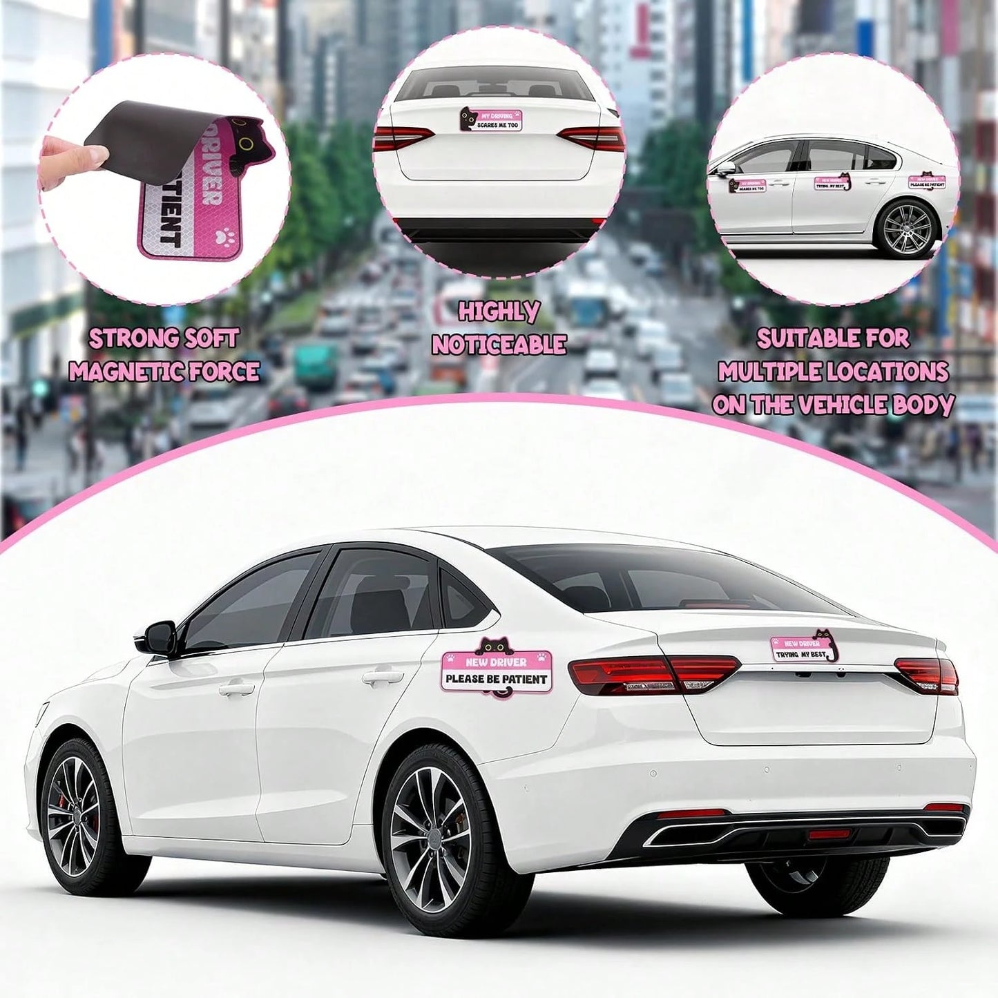 3Pcs New Driver Magnet For Car, Cute Black Cat Student Driver Magnet Sticker For Car, Please Be Patient Keep Distance Safety Reflective Sign Reusable Movable Bumper Stickers &Amp; New Driver Gifts